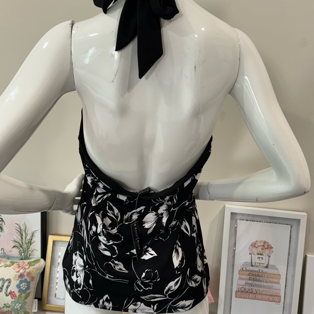 White House Black Market Black & White Floral Halter Top. Size Medium - Picture 2 of 5